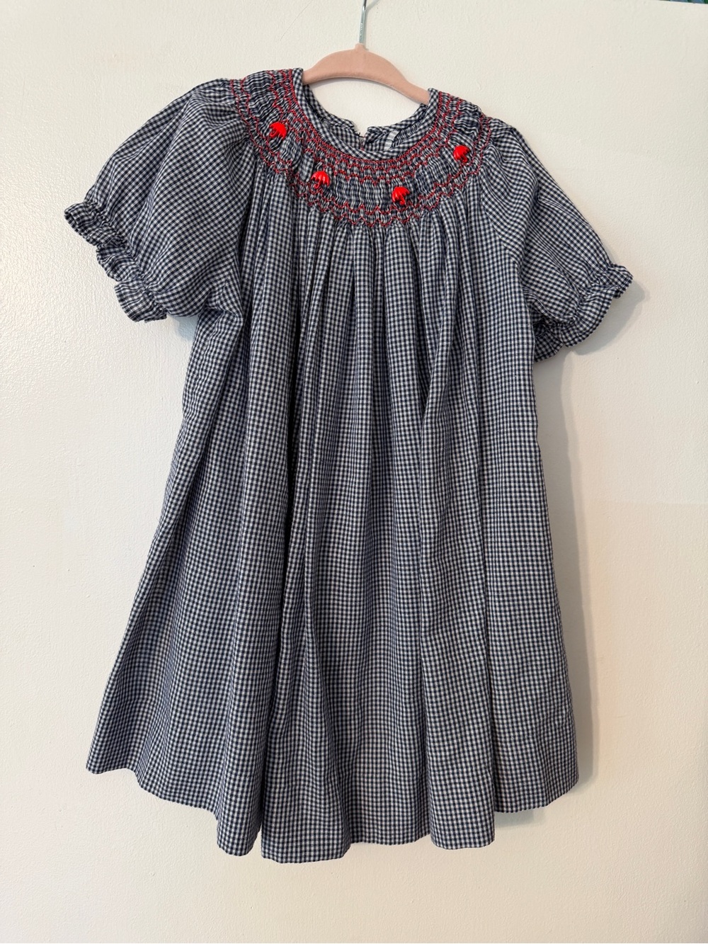 Back to School Handmade Smocked Gingham Dress in Navy/White with Red Accent